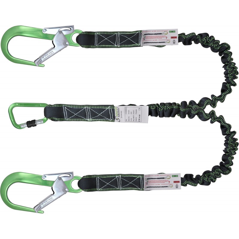 GRAVITY-S Expandable webbing lanyard maxi length 2 mtr with energy absorber with central weaving and progressive deformation, with 1 aluminium snap hook and 2 aluminium scaffold hooks, certified 140 kg and sharp-edge