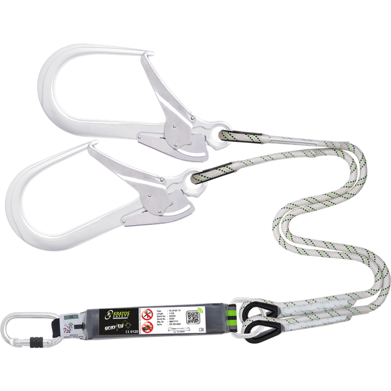 Forked energy absorbing kernmantle rope lanyard with aluminium connectors, lg. 1,50 m