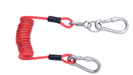 Coil tool lanyard with integrated karabiners for connecting tools to a tool-holding point on the harness or the belt of the user