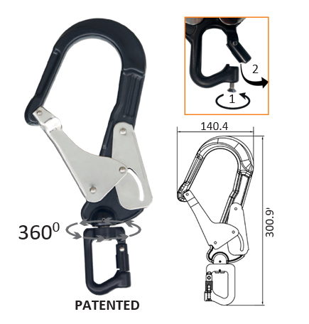 HUKA 2 Aluminum Rebar Hook with Openable Termination Eye, swivel and fall
indicator, opening 60 mm