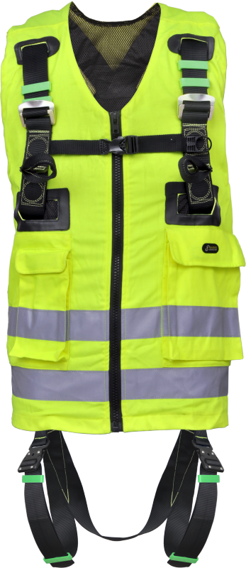Full body harness with yellow high visibility work vest