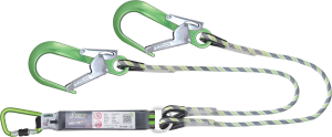 Forked energy absorber 45 mm with kernmantle rope lanyards 1,5 m with 2 aluminium scaffold hooks and 1 aluminium screw karabiner special sharp edge,
certified 140 kg